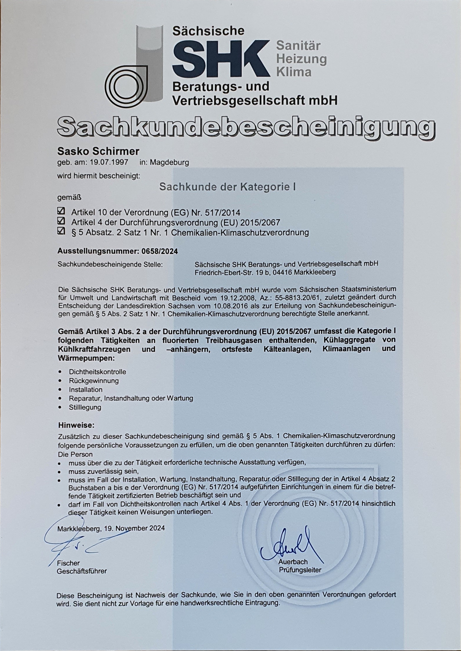 Certificate in accordance with ChemKlimaschutzV Category I